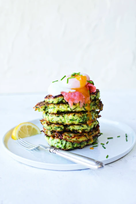 Courgette Fritters with Smoked Trout & Poached Egg