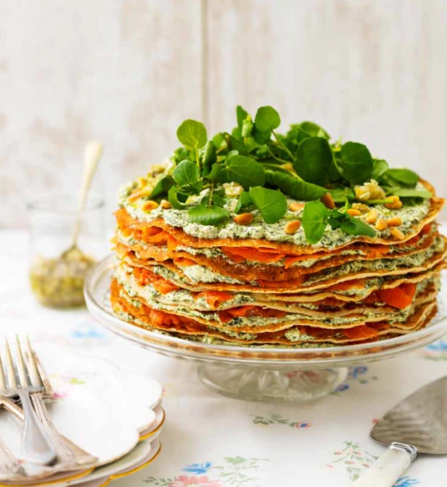 Smoked Trout Crêpe Cake with Watercress Salad